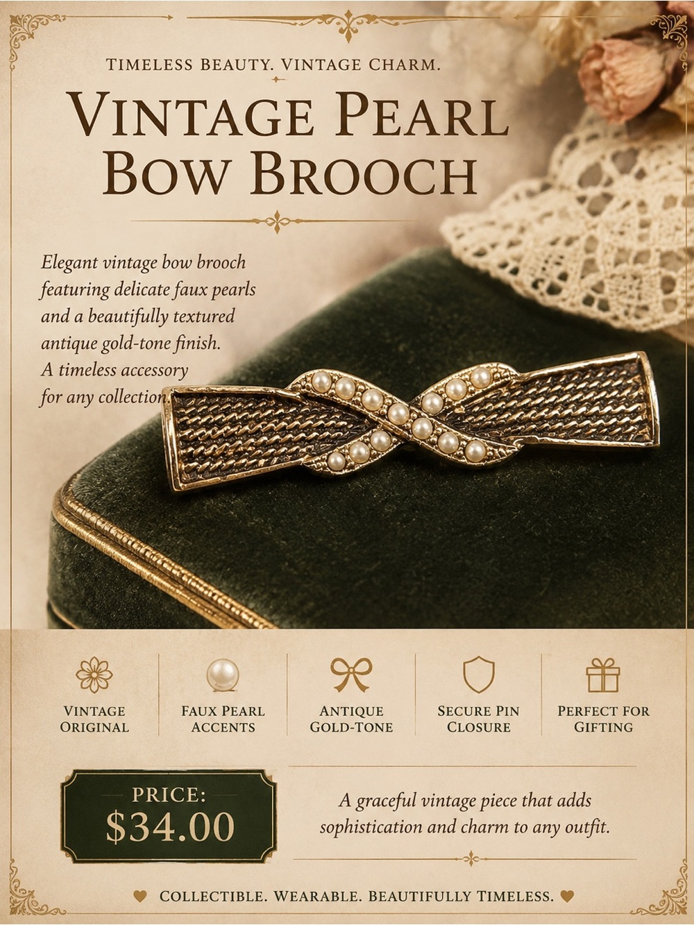 Vintage Faux Pearl Bow Brooch – Antique Gold Tone Statement Pin